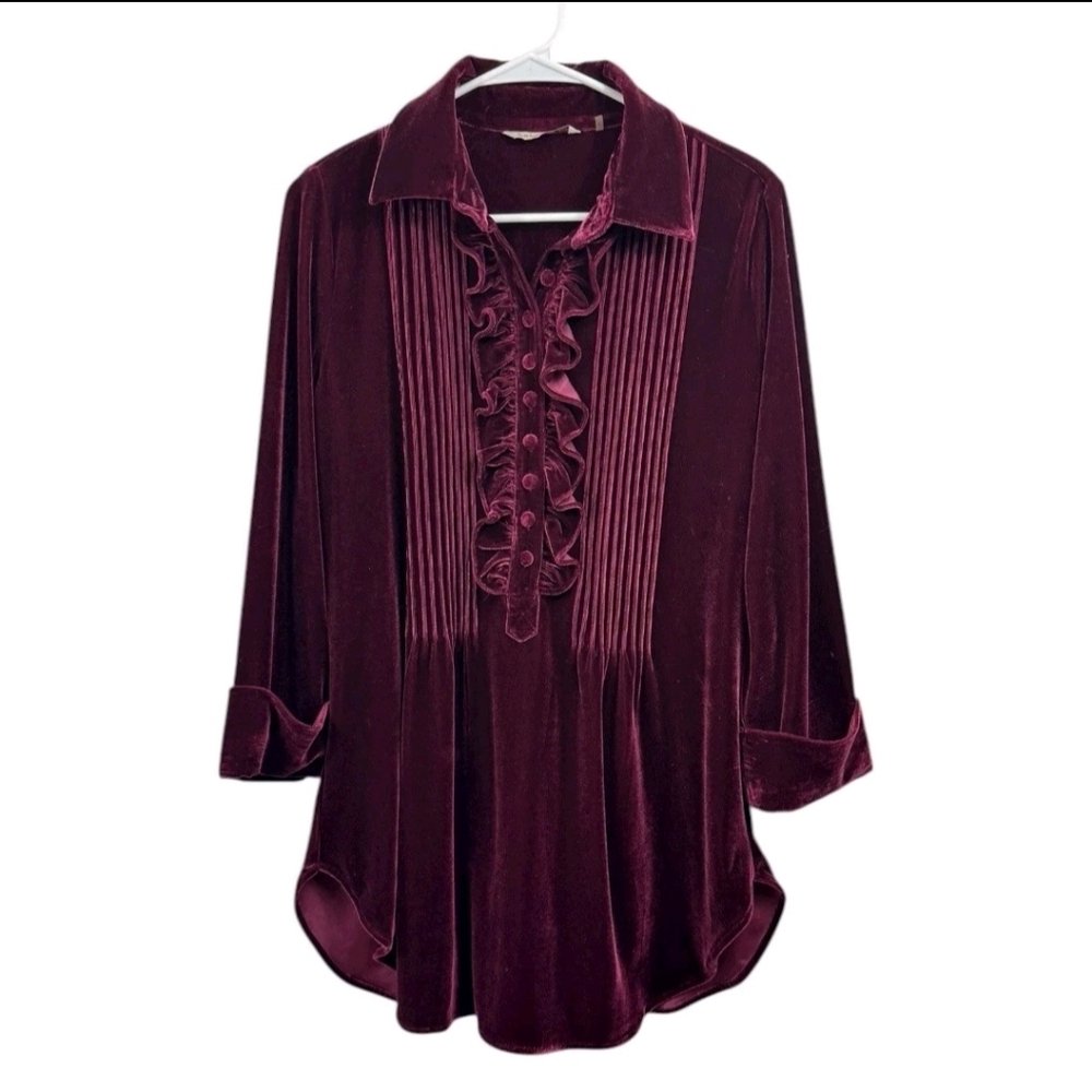 Soft Surroundings Women's Burgundy Velvet Ruffle Pintuck Silk Blend Top. Sz L - Picture 3 of 10
